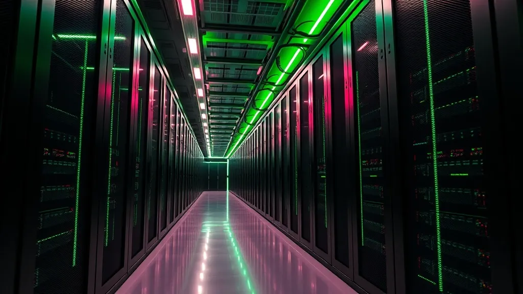 High-tech data center hallway with server racks and neon gre