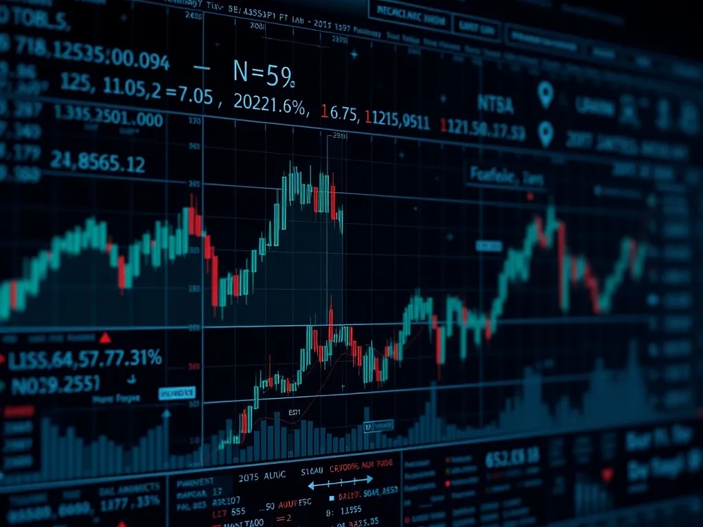 A high-tech digital interface showing financial charts, curr