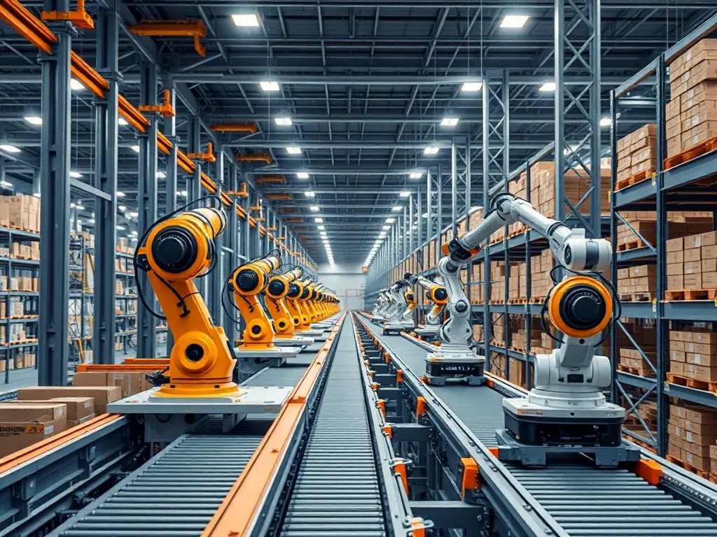 Industrial warehouse automation with robotic arms and convey